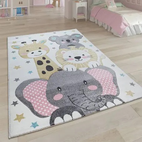 Paco Home Kids Rug for Nursery Happy Elephant, Giraffe & Lion in Pastel Cream, Size: 3'11" ROUND
