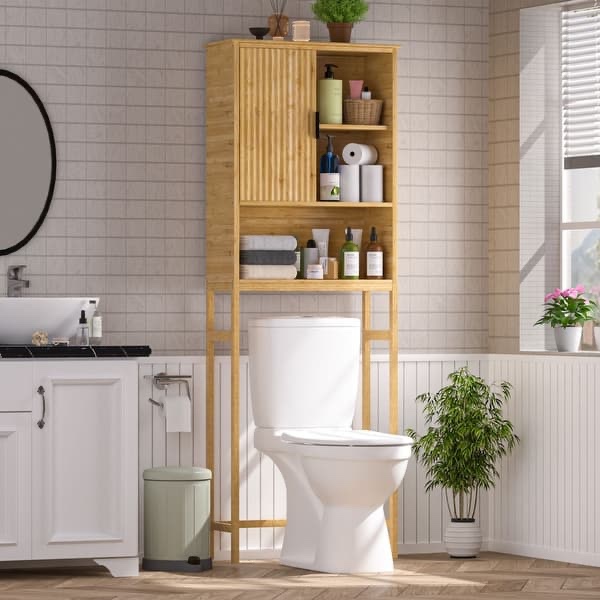 Bamboo Over-The-Toilet Storage Cabinet with Upgraded Sliding Door