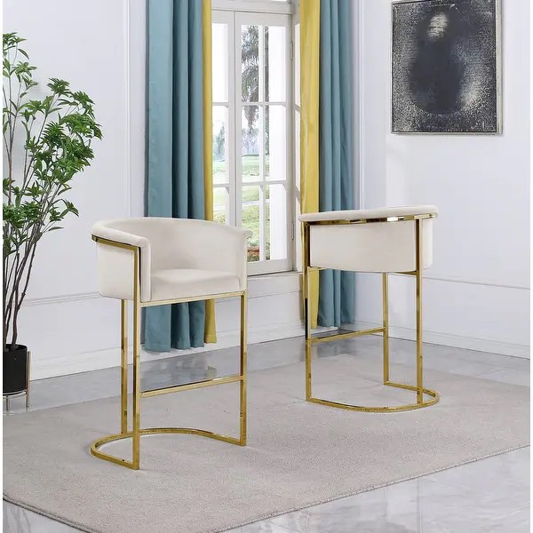 Best Quality Furniture Velvet Upholstered Barstool - Single - Cream and Gold - Bar Height - 29-32 in.