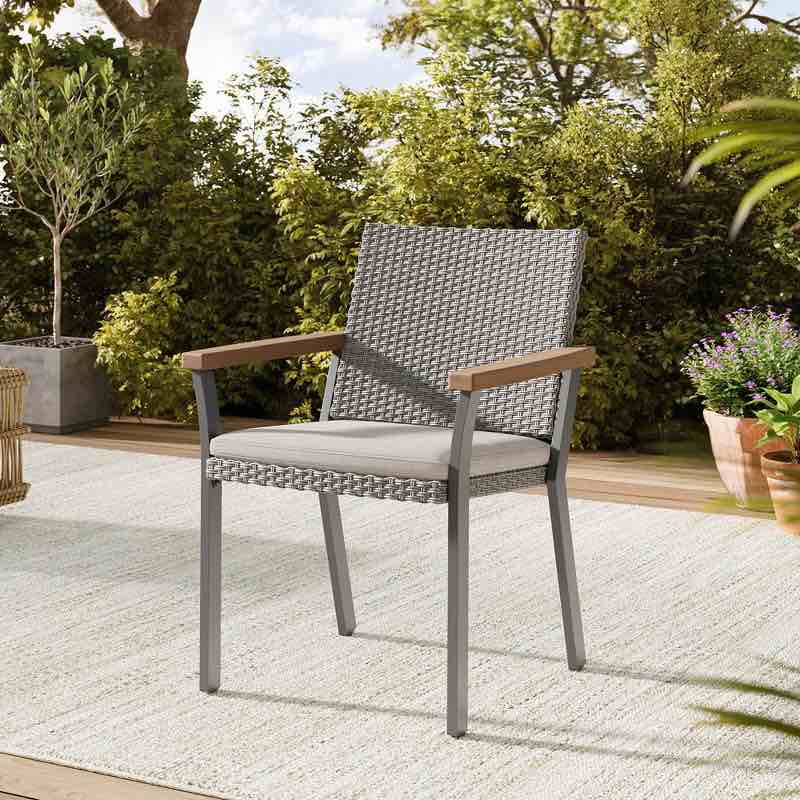 SONGMICS HOME Sencillo Collection - Dining Chair, Armchair, Patio Chair, with Faux Wood Armrests, Modern and Transitional Style,Gray and Beige