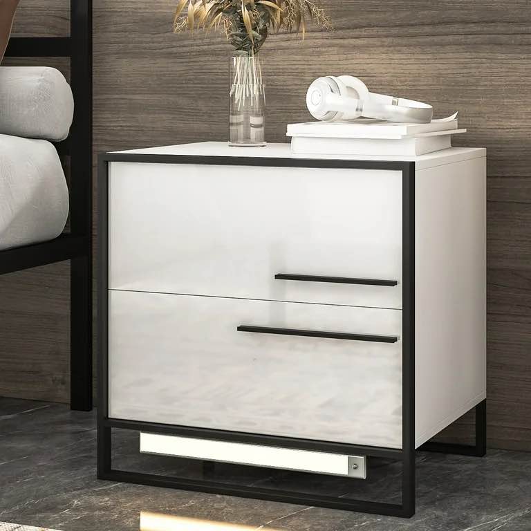 Hommpa LED Nightstand 2 Drawer Modern Bedside Table 3 Color Led Light Magnetic Auto Wireless Infrared Sensing Adjustable Brightness White Smart Night Stand with Metal Frame Side Table for Bedroom