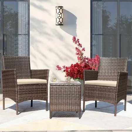 Devoko Patio Porch Furniture Sets 3 Pieces PE Rattan Wicker Chairs with Table Outdoor Garden Furniture Sets (Brown/Beige)
