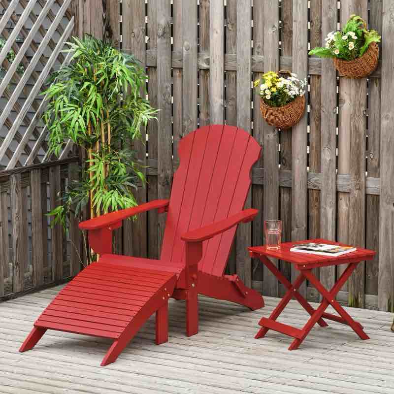 Outsunny 3-Piece Folding Adirondack Chair with Ottoman and Side Table, Outdoor Wooden Fire Pit Chairs w/ High-back, Wide Armrests for Patio, Backyard, Garden, Lawn Furniture, Red