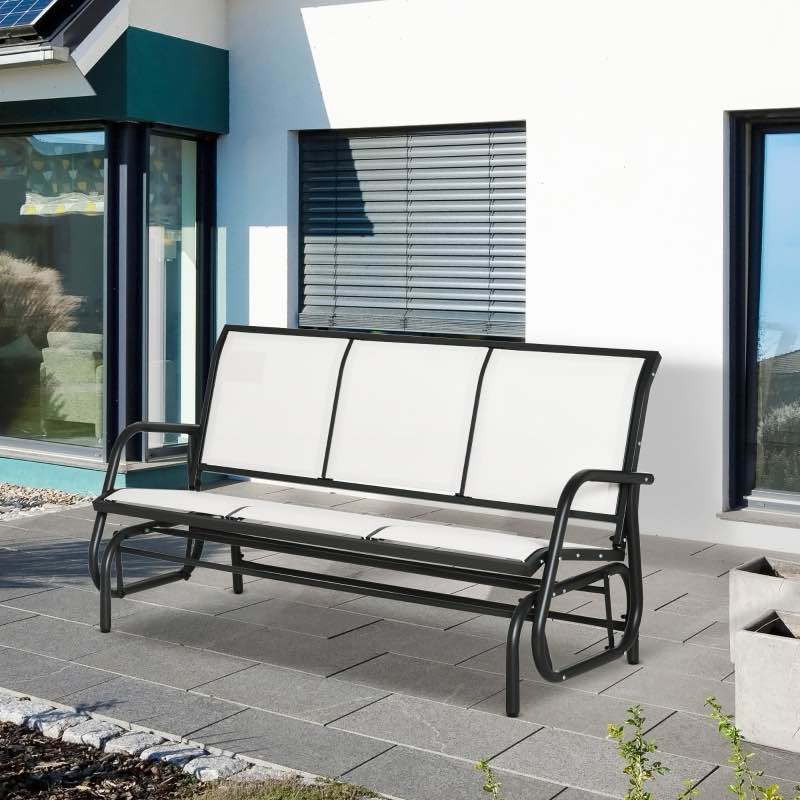 Outsunny 3-Person Outdoor Patio Glider Bench, Porch Glider Swing with 3 Seats, Breathable Mesh Fabric, Metal Frame, Cream White