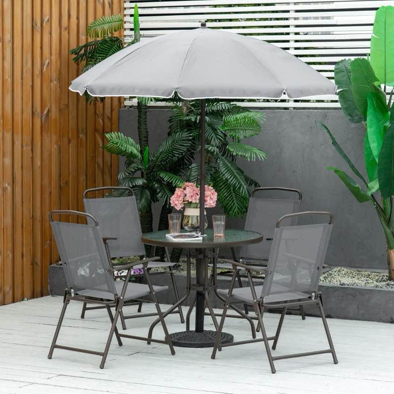 Outsunny 6 Piece Patio Dining Set for 4 with Umbrella, with 4 Folding Dining Chairs & Round Glass Table for Garden, Gray