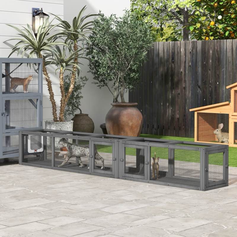 PawHut Wooden 98" Cat Tunnel for Outdoor with Combinable Design, 8 Doors, Dark Gray