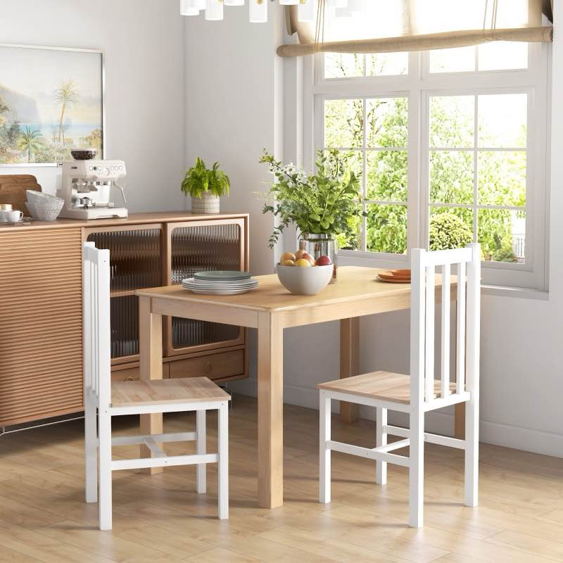 HOMCOM Farmhouse Dining Table Chairs, Set of 2 Pine Wood Kitchen Table Chairs with Slat Back for Living Room, Bedroom, White
