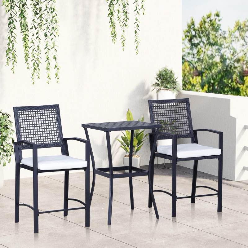 Outsunny 3pcs Patio Bar Set with Soft Cushion, Rattan Wicker Outdoor Furniture Set for Backyards, Lawn, Deck, Poolside