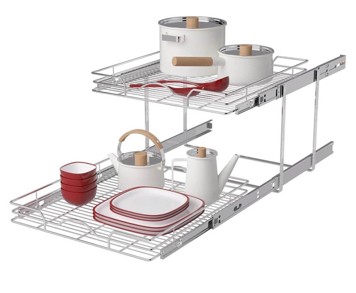 OCG 2 Tier Pull Out Cabinet Organizer (18.5" W x 21" D), Pull Out Drawers for Kitchen Cabinets, Pull Out Shelves for Base Cabinet Organization in Kitchen Bathroom Pantry, Chrome Finish