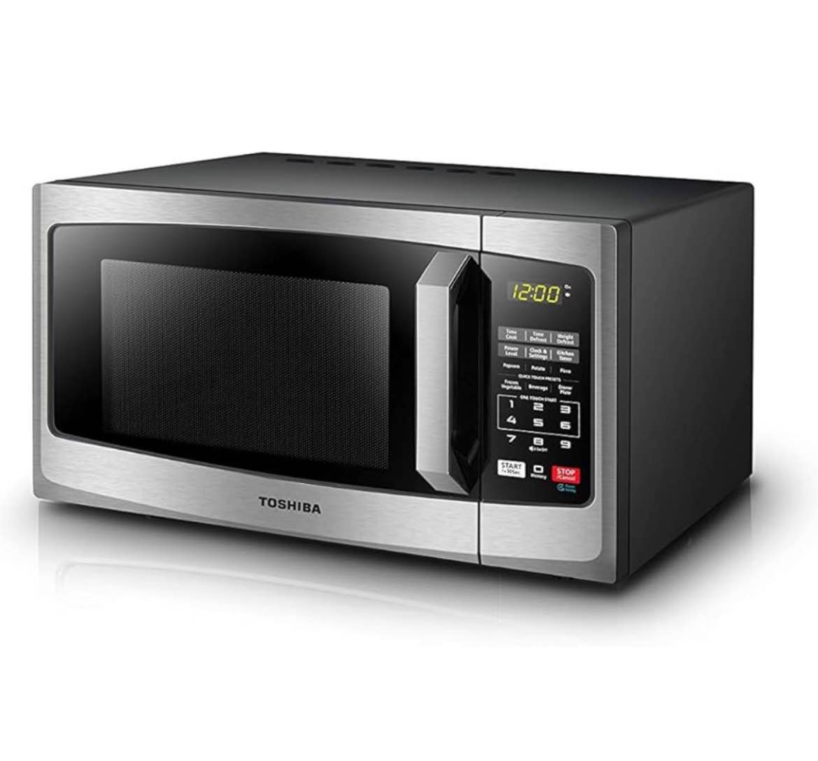 TOSHIBA EM925A5A-BS Countertop Microwave Oven, 0.9 Cu Ft With 10.6 Inch Removable Turntable, 900W, 6 Auto Menus, Mute Function & ECO Mode, Child Lock, LED Lighting, Black Stainless Steel