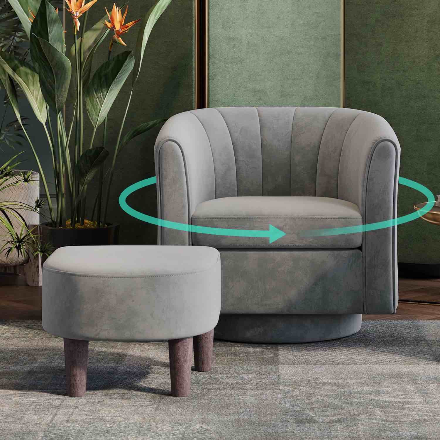 LINSY HOME Swivel Accent Chair with Ottoman, Velvet Barrel Chair for Living Room, Light Grey