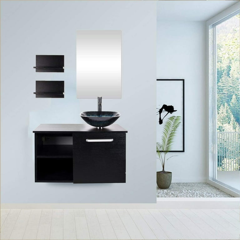 PULUOMIS 28 Inch Wall Mounted Bathroom Vanity and Tempered Glass Sink Combo with Mirror and ORB 1.5GPM Water Saving Faucet and Pop-up Drain Set Modern Lavatory Floating Vanity with Counter Top Sink