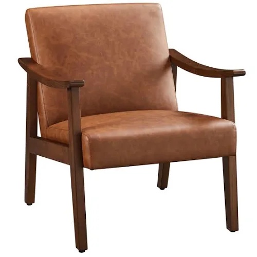 Yaheetech Mid-Century Modern Faux Leather Armchair with Solid Wood Legs,Ivory