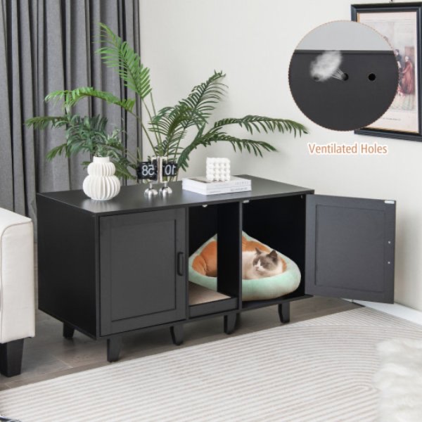Total Tactic PV10040BK 25.5 In. 2-Door Cat Litter Box Enclosure With Winding Entry & Scratching Board, Black