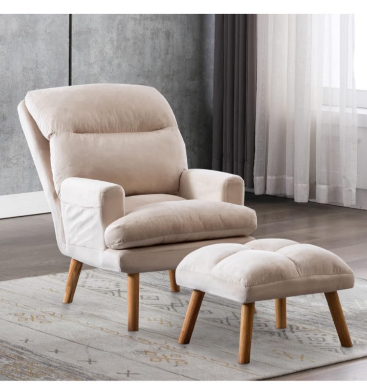 INZOY Accent Chairs with Ottoman, Velvet Fabric Armchair with Ottoman for Bedroom Living Room, Mid Century Modern Chair with Adjustable Backrest and Side Pockets, Beige