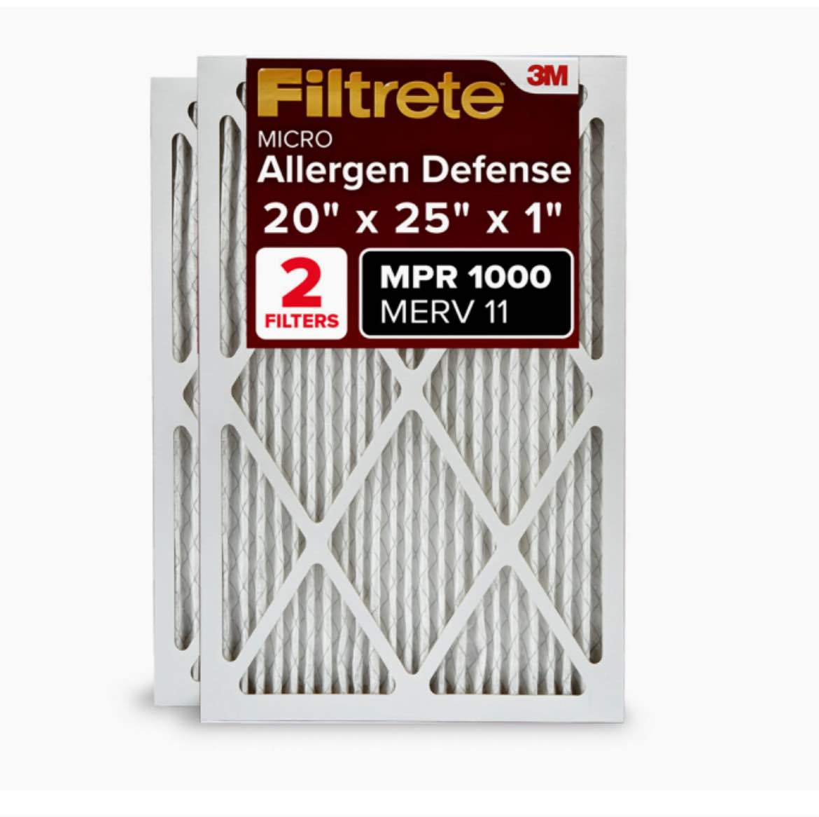 Filtrete 20x25x1 AC Furnace Air Filter, MERV 11, MPR 1000, Micro Allergen Defense, 3-Month Pleated 1-Inch Electrostatic Air Cleaning Filter, 2 Pack (Actual Size 19.688 x 24.688 x 0.84 in)