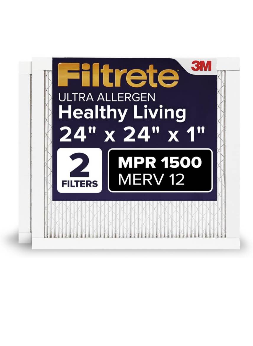 Filtrete 24x24x1 AC Furnace Air Filter, MERV 12, MPR 1500, CERTIFIED asthma & allergy friendly, 3 Month Pleated 1-Inch Electrostatic Air Cleaning Filter, 2-Pack (Actual Size 23.81x23.81x0.78 in)