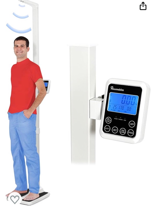 Houseables Medical Scale, Digital, Touchless Sonar Stadiometer, L18" x W14" x H86", White, 440 lbs. Doctor Physician Professional Scales, Weight Limit, Eye Level, Calculate BMI, Body Fat, Height Rod
