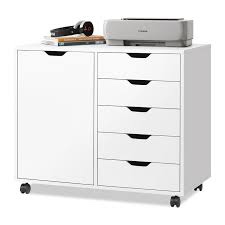 DEVAISE 5-Drawer Wood Dresser Chest with Door, Mobile Storage 