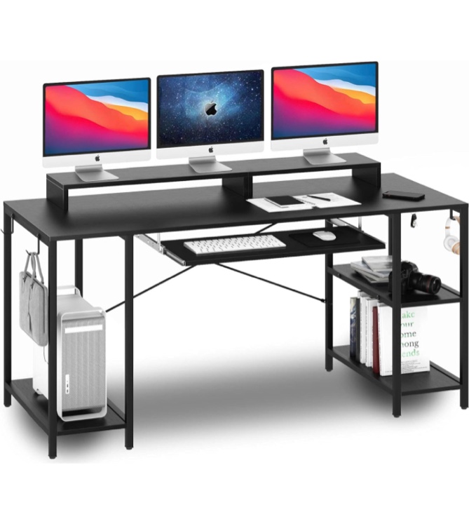 HYPIGO Computer Desk with Keyboard Tray, 55 inch Industrial Home Office Desk W/ Storage Shelves Monitor Stand Headset Hooks Study Writing Desk Workstation for Small Space Bedroom Easy Assembly,Black