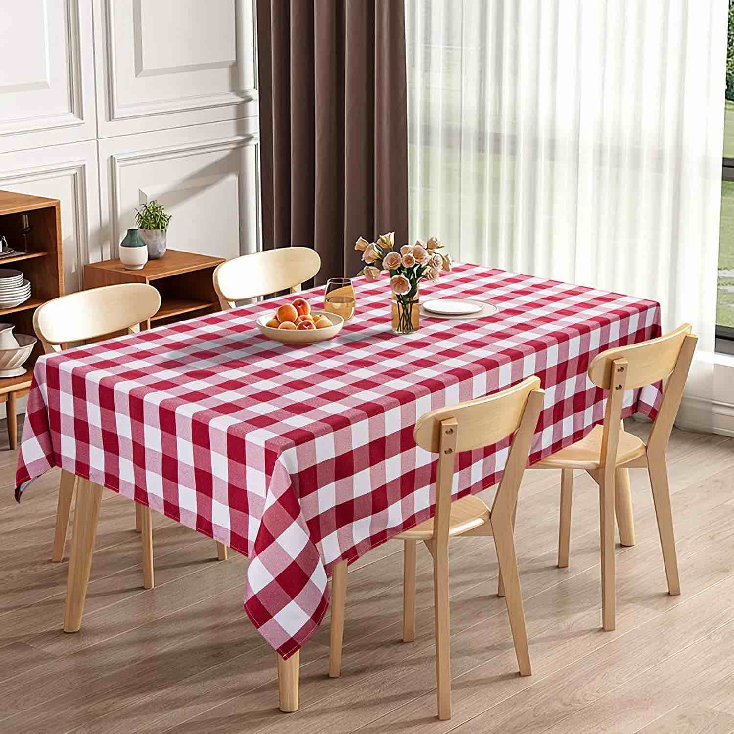 Romanstile Christmas Rectangle Plaid Tablecloth - 60 x 120 Inch - Red and White Checkered Water Stain Resistant Table Cover, Washable Polyester Table Cloths for Xmas Dinner/Party Decoration/Holiday