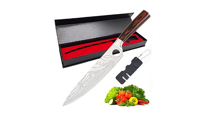 SnugMaker Chef Knife – 8 Inch Professional Chef Knives, High Carbon Stainless Steel with Knife Sharpener and Gift Box Premium Kitchen Knife for Kitchen, camping, BBQ