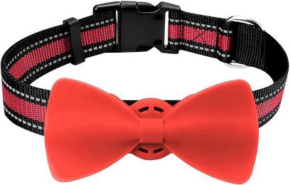 Winsee Airtag Dog Collar, Reflective Nylon Pet Collar with Silicone Case for Apple Airtags, Cute Bowtie Pet Airtag Holder for Puppy Small Medium Large and Extra-Large Dogs (Red, S: 10"-16" Neck)