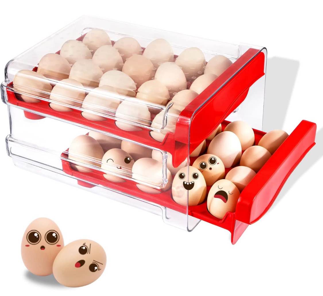 Rubtlamp Red Egg Holder for Refrigerator With Lid & Handles, Drawer type Plastic Egg Holder, 2 Drawers Egg Storage Box, 40 Grid Large Capacity Stackable Egg Storage Container For Kitchen