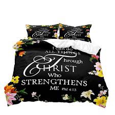 VIVIHOME 3PCS Floral Duvet Cover, Black Bedding, White Quotes Positive Affirmations Motivational Bedding, Flower Comforter Bedspread Quilt Cover, Inspirational Gifts, 2 Pillow Shams