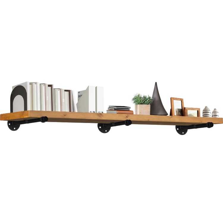 TEN49 Industrial Pipe Wood Wall Shelf - 60" Real Wooden Shelf w/ Special Walnut Color & 1.8" Extra Thickness - Modern Interior Decor Floating Shelving - Rustic Farmhouse Style Bookshelf - Set of 1