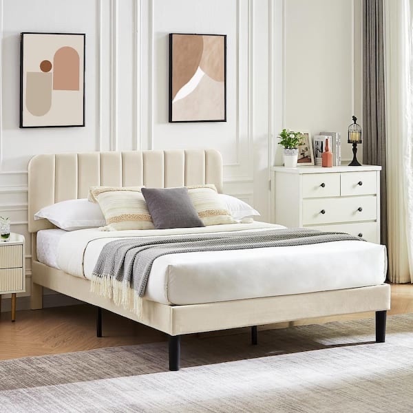 VECELO Upholstered Bed Frame, Queen Platform Bed Frame with Adjustable Headboard, Strong Wooden Slats Support, Beige