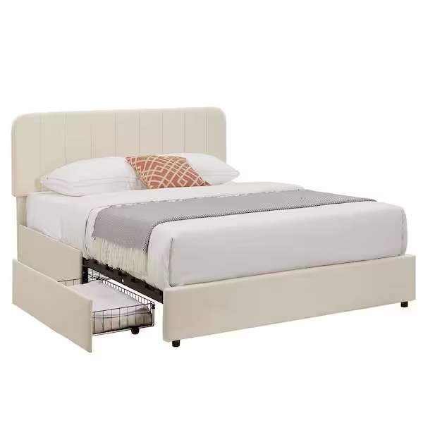 Upholstered Beige Metal Frame Queen Size Platform Bed Frame with 4 Storage Drawers and Headboard Wooden Slats Support