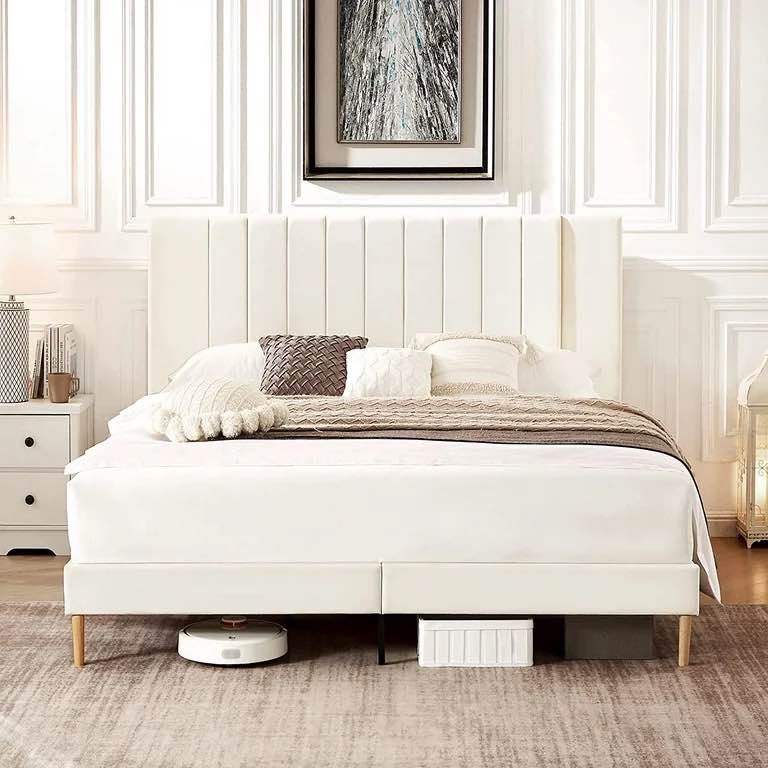 Flolinda Queen Bed Frame with Velvet Upholstered Vertical Channel Tufted Whole Headboard, No Box Spring Needed/Easy Assembly, Off White