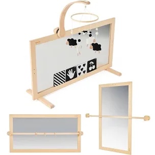 GROWGO Montessori Baby Mirror - 3in1 Wooden Baby Play Gym with Pull Ups Bar, Tummy Time Mirror for Babies 0-6 Months with Montessori Mobile, Complete Baby Activity Center - Accessories Included