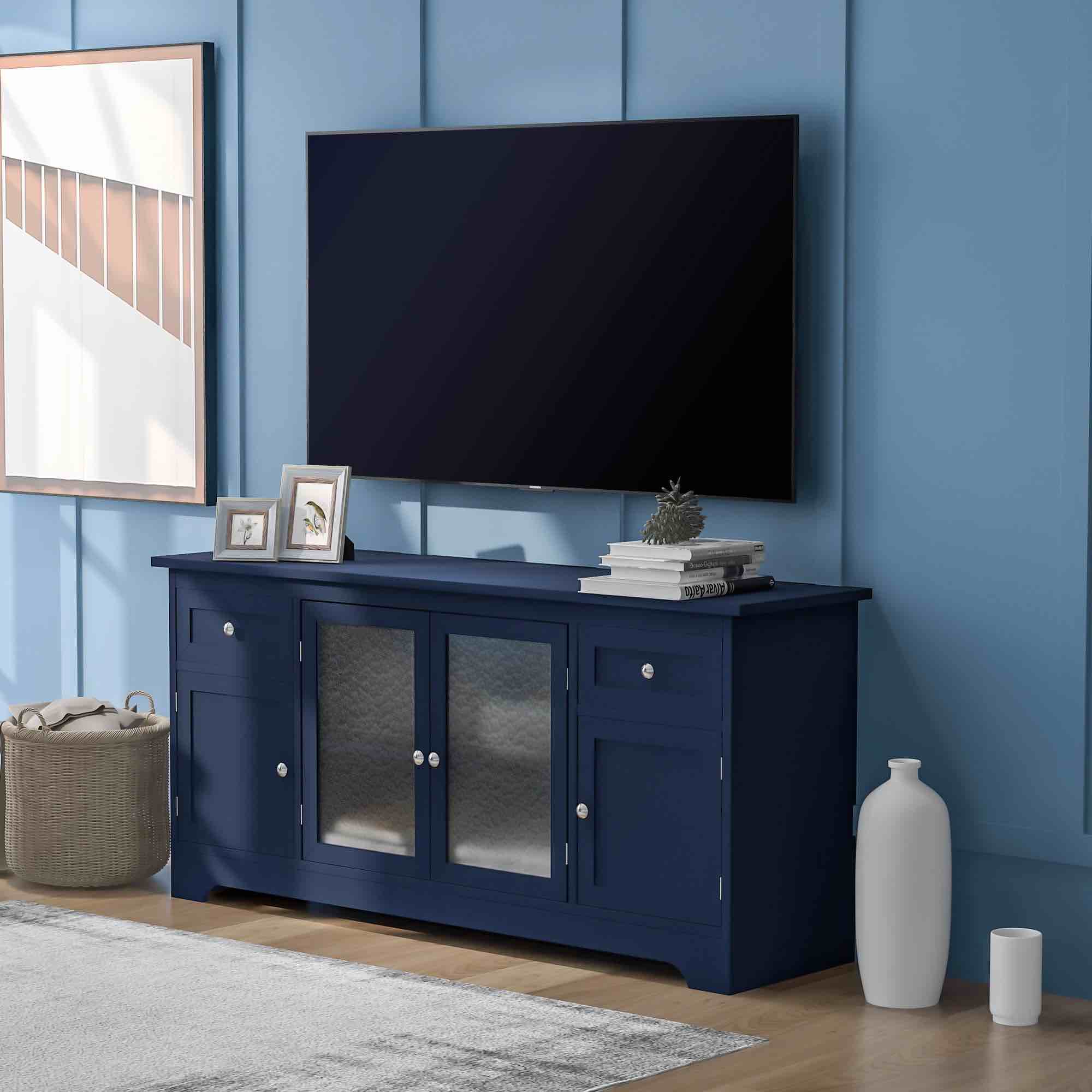 TV Console Stand for TV up to 65in with 4 Doors Adjustable Panels Open Style Cabinet, Sideboard for Living room, Navy