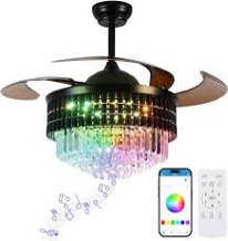 ARONKID 48" Retractable Ceiling Fan with Lights, Black Crystal Ceiling Fans with Remote and Bluetooth Speaker for Living Room, 6 Speed Reversible Fandelier (Modern, Black+Crystal)