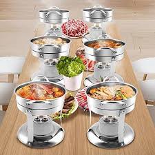 BriSunshine 6 Packs Individual Single Shabu Hot Pot,1QT Mini Round Chafing Dish Buffet Set,Stainless Steel Food Server Warmers with Glass Lids for Caterings Parties Wedding