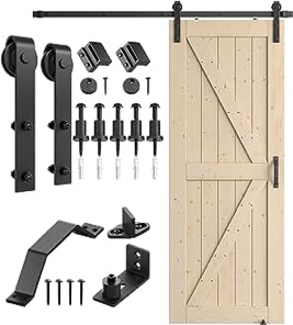 SMARTSTANDARD 32in x 84in Sliding Barn Door with 6ft Barn Door Hardware Kit & Handle, Pre-Drilled Ready to Assemble, DIY Unfinished Solid Spruce Wood Panelled Slab, K-Frame
