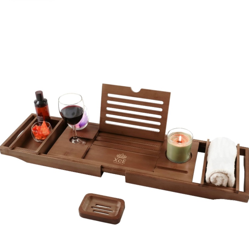 XcE Bathtub Caddy Tray Expandable to 105cm with Bamboo Book Stand and Soap Tray, Brown