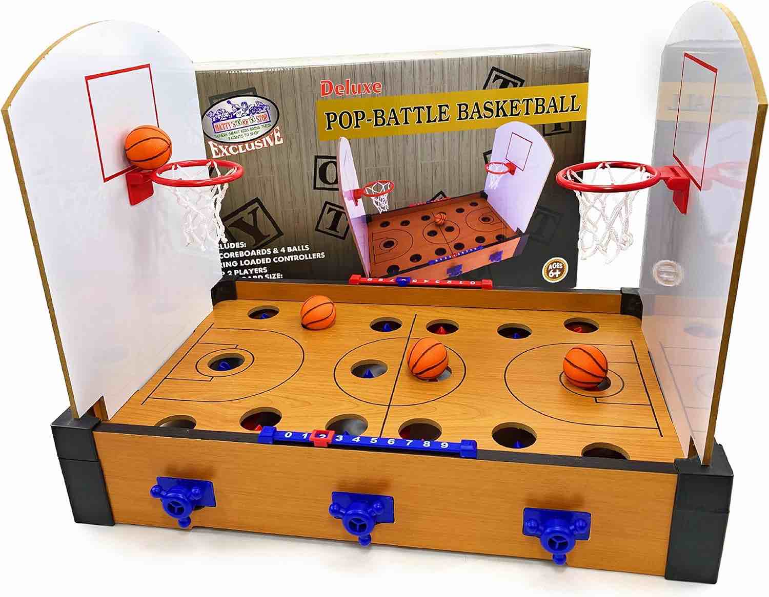 Matty's Toy Stop Deluxe Wooden Pop-Battle Tabletop Basketball Game for 2 Players (Features Include 4 Basketballs, Spring Loaded Controllers & 2 Scoreboards)