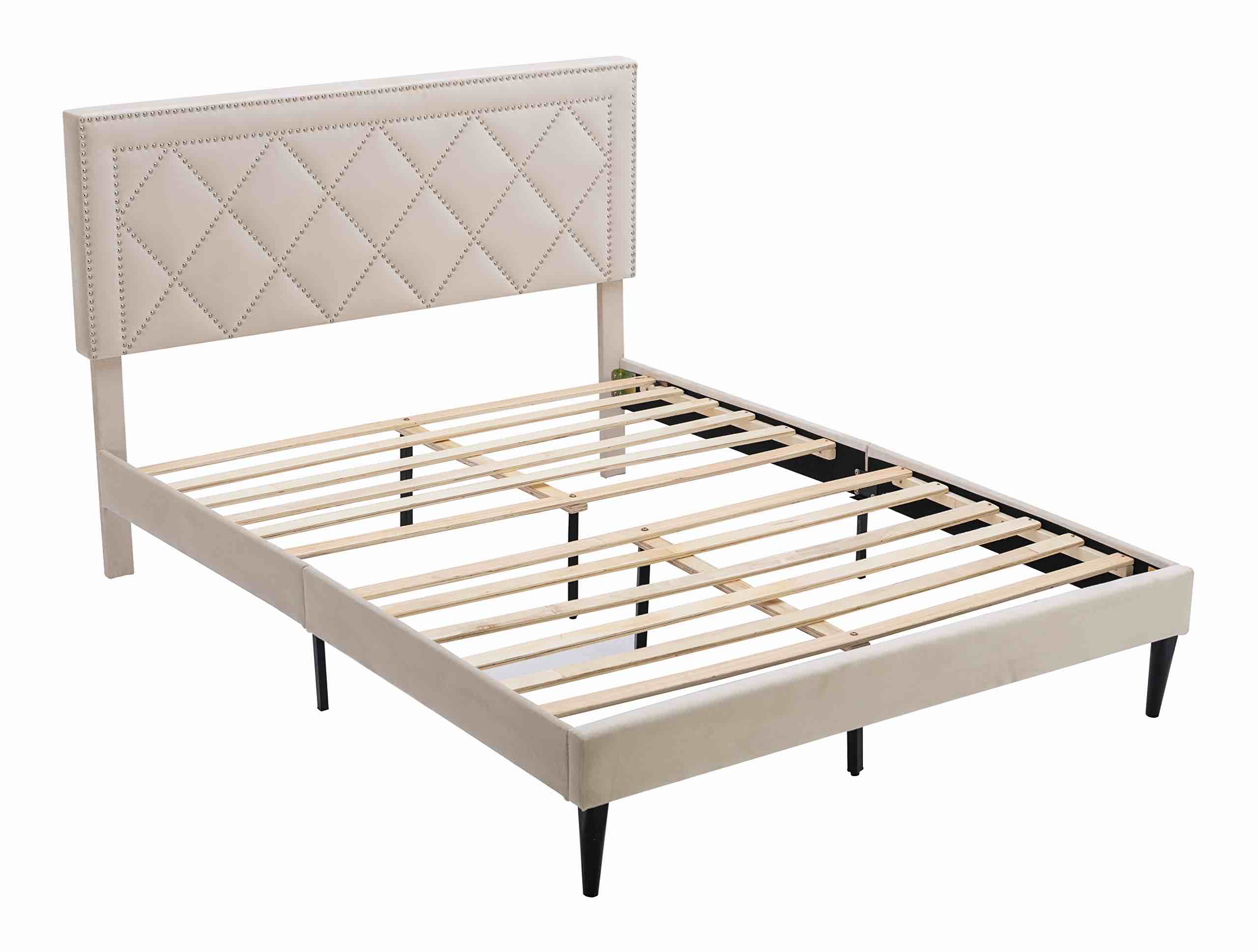 Prohon Upholstered Platform Bed Frame with Nailhead Trim Headboard, Wooden Bed Frame Queen Size, Velvet Curved Bedframe for Kids, Teen & Adults, No Box Spring Needed, Cream