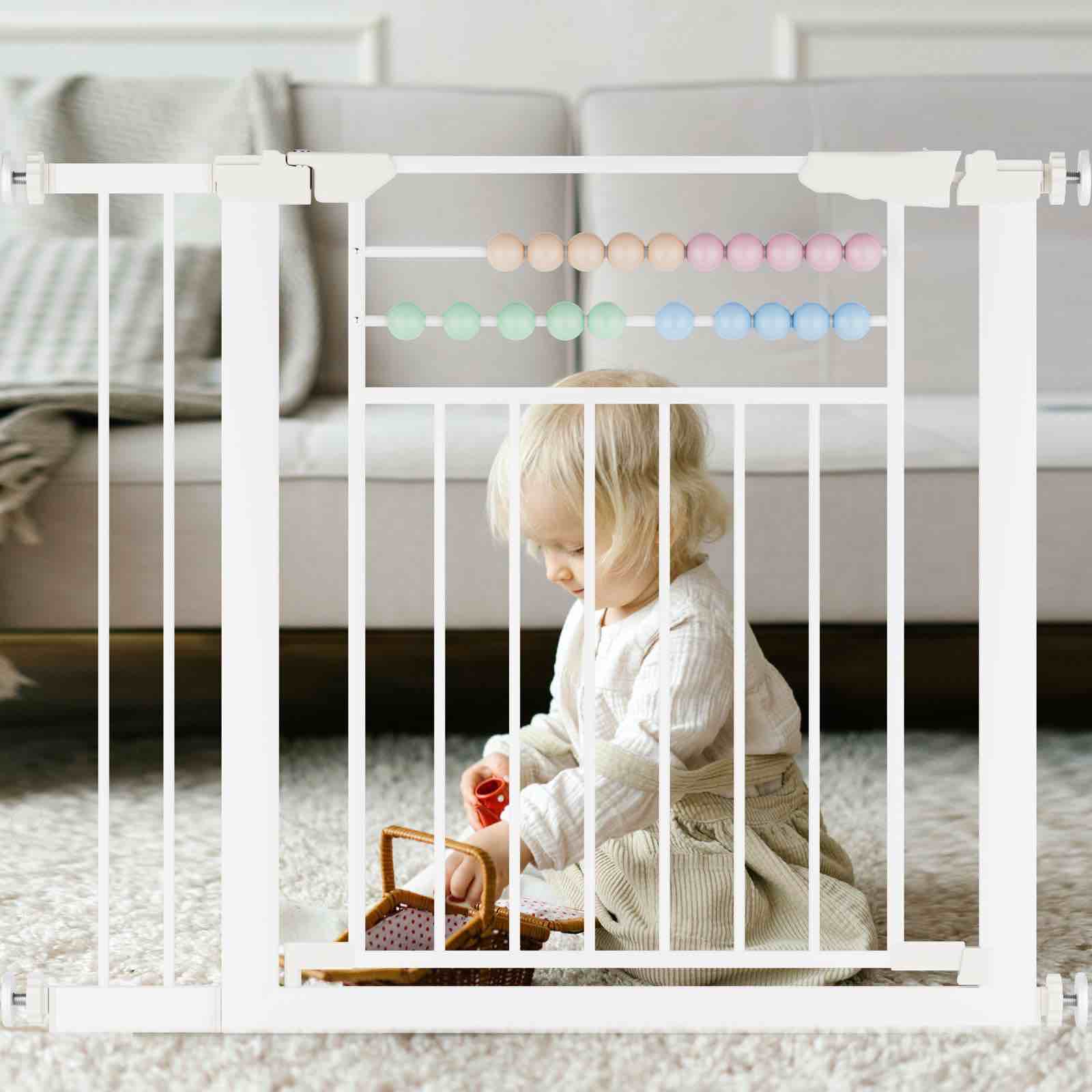 Baby Gates for Doorways - 29-39" Pressure Mounted Baby Gate for Doorway Metal Dog Gate with Door for Stairs Auto Close White Walk Thru Stair Babygate for Child and Kids