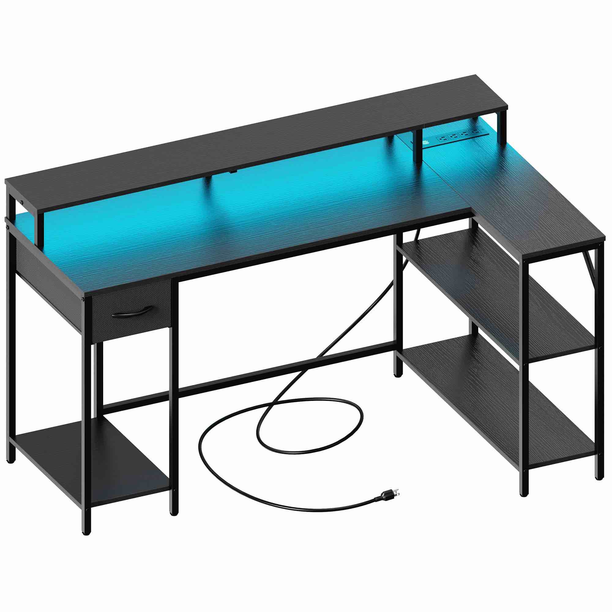 SUPERJARE 53 Inch L Shaped Desk with LED Lights & Power Outlets, Reversible Computer Desk with Shelves & Drawer, Corner Desk Home Office Desk, Black