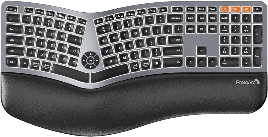 ProtoArc EK01 Plus Ergonomic Split Wireless Backlit Keyboard with Wrist Rest, USB-C Charging, Bluetooth and USB, Natural Typing Compatible with Windows/Mac/Android