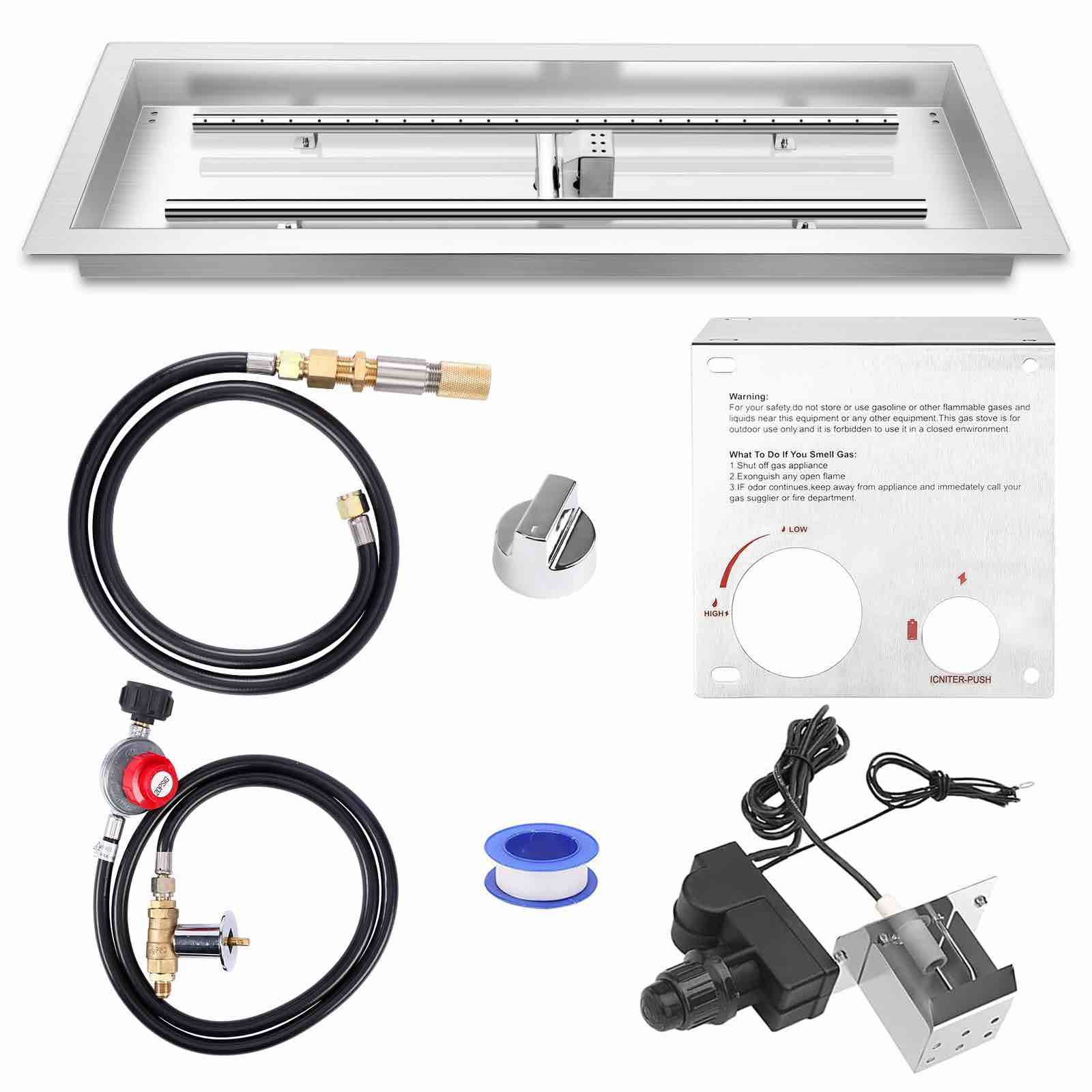 QuliMetal 30 x 10 inch Drop-in Fire Pit Pan - Natural & Propane Gas Rectangular 304 Stainless Steel Fire Pit Burner and pan kit with Spark Ignition Kit for Indoor & Outdoor, Rated for up to 150K BTU