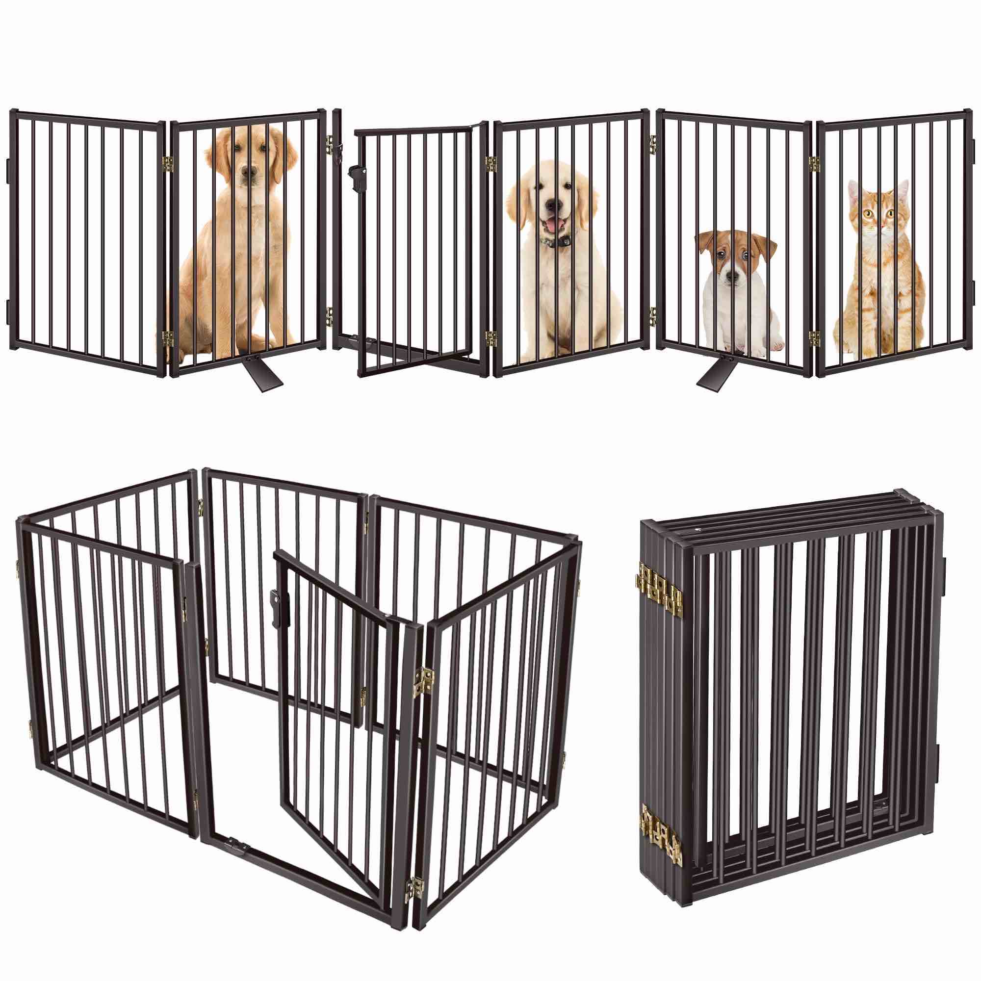 Metal Free Standing Dog Gate for The House Extra Wide,Metal Pet Fences Indoor&Outdoor for Puppy Cat,Freestanding Foldable Dog Gates with Door for Doorways Stairs Porch(6 Panels with Door 24" H)