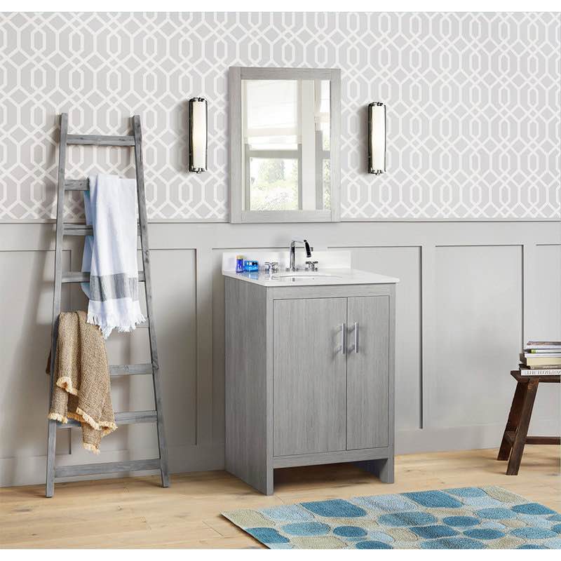 Tarquin 25'' Single Soft-Close Bathroom Vanity. Grey 2 door multi compartment vanity in grey pine finish with Nickel Handles, 36'' H X 25'' W X 19'' D. Sink top sold seperately