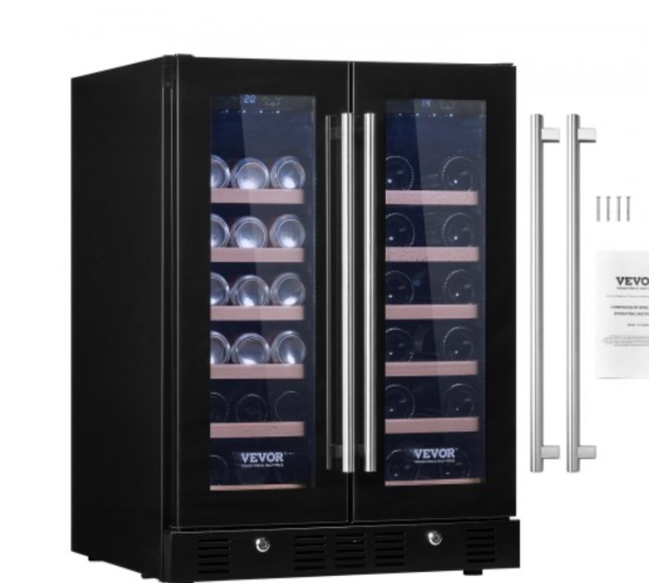 VEVOR Wine Cooler, 78 Cans and 20 Bottles Under Counter Built-in or Freestanding Wine Refrigerator, Dual Zone and Dual Door Beverage Cooler with Blue Light, Lock for Beer Soda Wine Water, ETL Listed