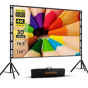 Projector Screen with Stand,150inch Indoor Outdoor Movie Projection Screen 4K HD 16: 9 Wrinkle-Free Design for Backyard Movie Night(Easy to Clean, 1.1Gain, 160° Viewing Angle & A Carry Bag)