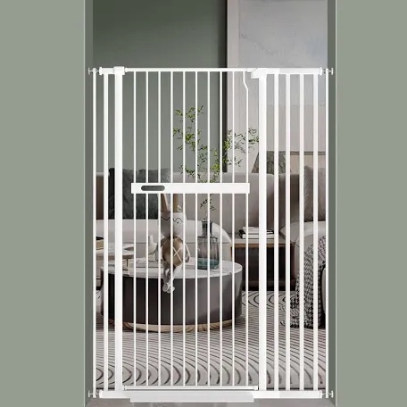 WAOWAO 55.11" Extra Tall Cat Pet Gate 52.95-59.05" Wide Pressure Mounted Walk Through Swing Auto Close Safety White Metal Kids Dog Pet Puppy Cat for Indoor Stairs, Doorways, Kitchen